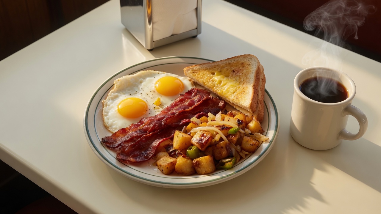 Eggs, bacon, home fries, toast, and coffee