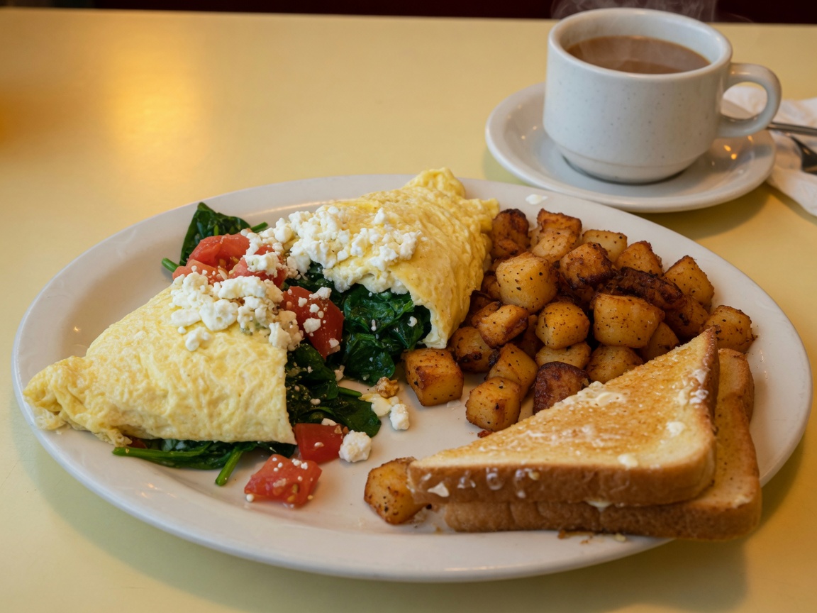 Omelette with home fries and toast